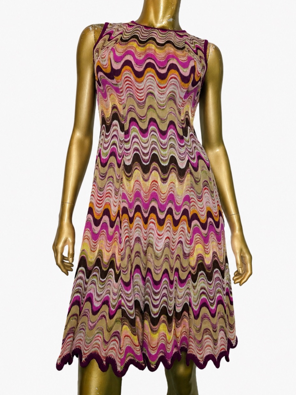 Missoni Orange Tab Colorful Wavy Chevron Knit Sleeveless Fit & Flare Dress 38
